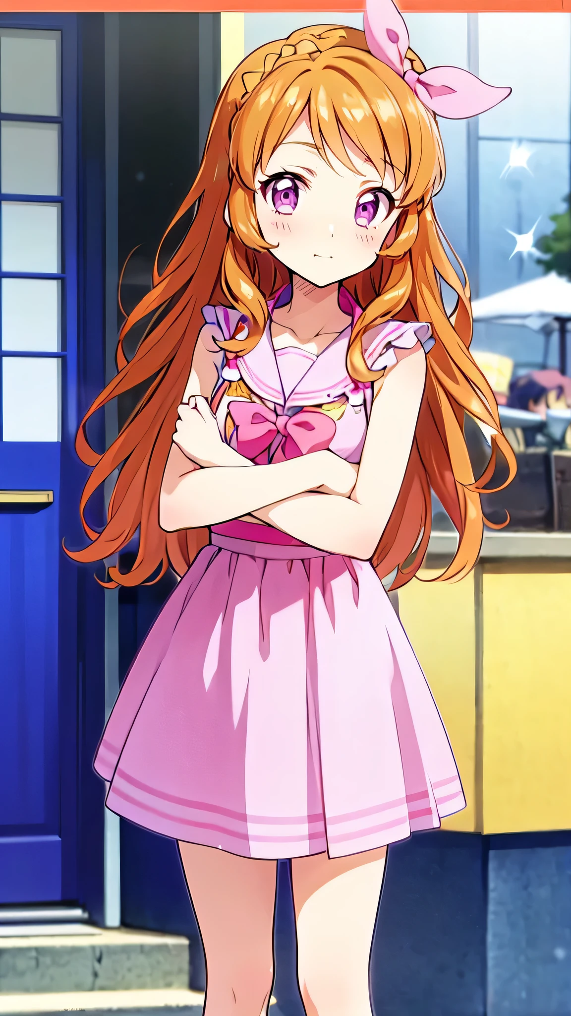  orange hair，One person， pink ribbon，Akari Ozora，((masutepiece)), ((Best Quality)), (Ultra-detailed), anime style ，Idol Academy ，consider，Aikatsu characters， Official Anime Item ， breast size is c cup，With a snowy night in the background，8k，4K，16k， high school idol ，Photo Collection，Face is front，Anime Coloring Book，She is 155 cm tall.， ichigo hoshimiya，Be aware of only the color scheme Giantess ， the best smile that only you can see，A scene from an anime，Natural skin color，Make the outline line natural，Clear Filters ，Clumsy  but hard work ，Workmanship not visible in the illustration， head to toe