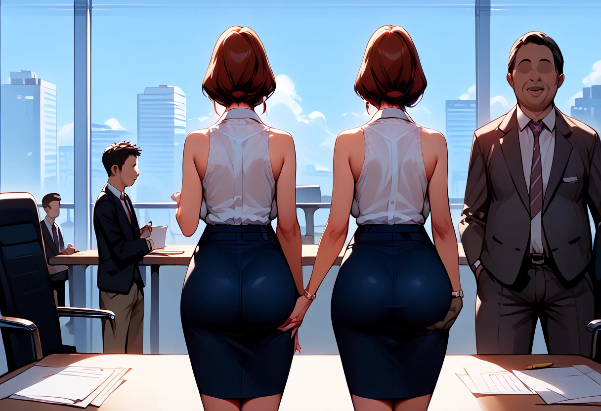 high resolution, Best Quality, uncensored, decensored, from_behind, 1 Girl, milf, Sending off, sleeveless_shirt, pencil_skirt, large breast, backboob, office, 1 boy, faceless male, fat man, ((stealth ass grab)), multiple_boys, business_suit