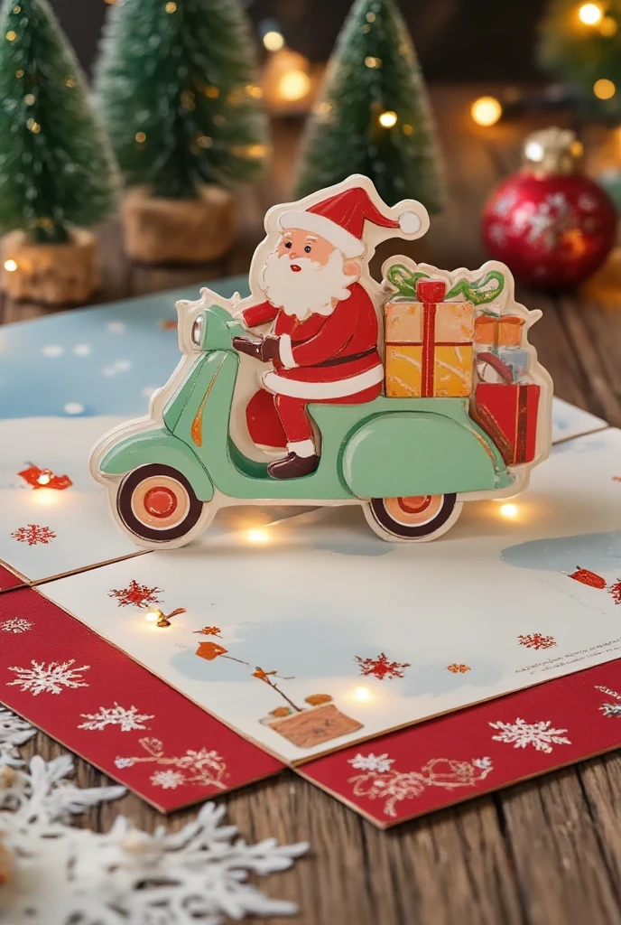  Santa riding a scooter ， car with a gift box ，Cartoon-style images, Set in a 24th century . In the background,  A Christmas tree and a winter landscape ， surrounded by Christmas lights and ornaments.,,Cardboard art engraving