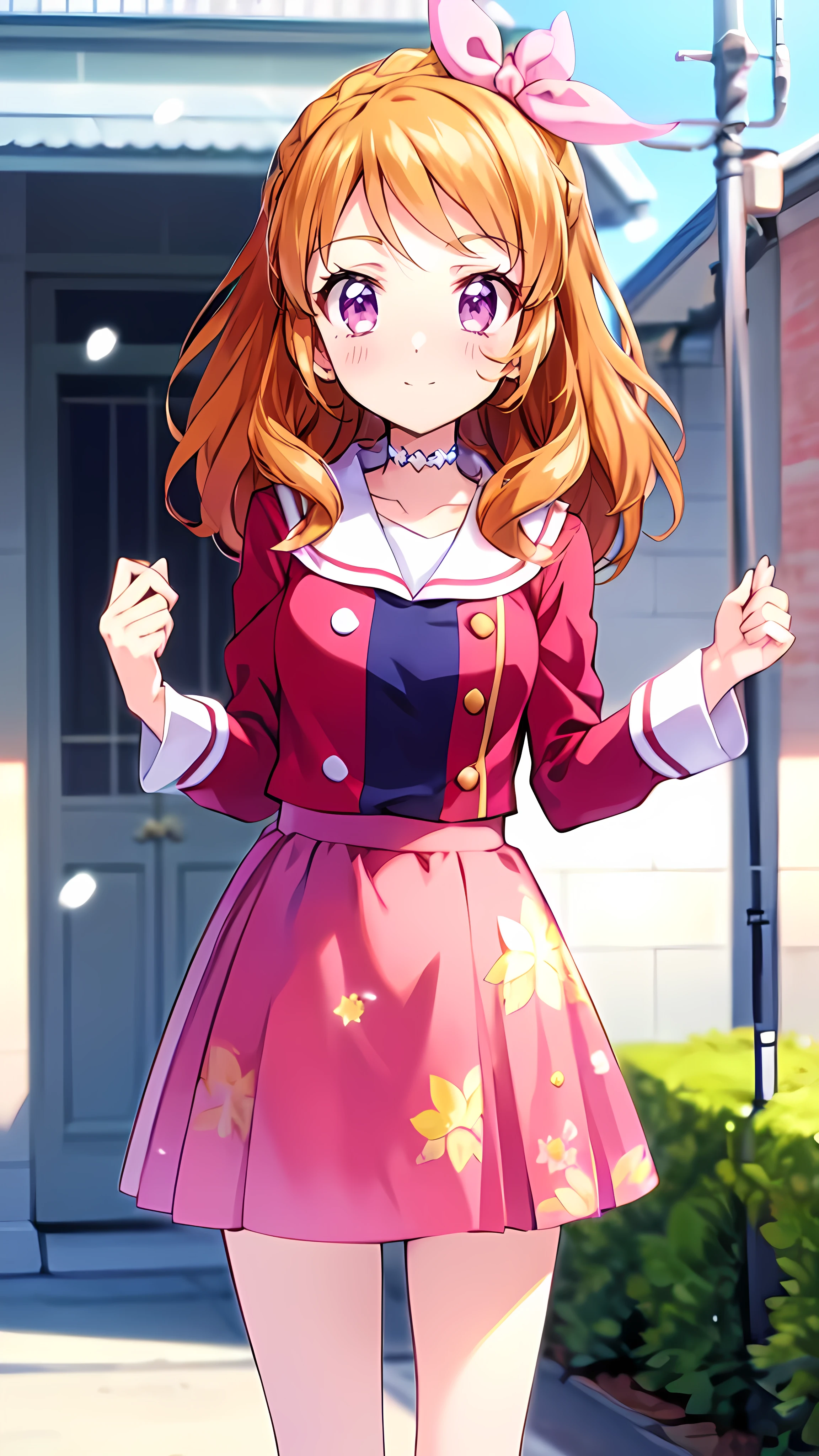  orange hair，One person， pink ribbon，Akari Ozora，((masutepiece)), ((Best Quality)), (Ultra-detailed), anime style ，Idol Academy ，consider，Aikatsu characters， Official Anime Item ， breast size is c cup，With a snowy night in the background，8k，4K，16k， high school idol ，Photo Collection，Face is front，Anime Coloring Book，She is 155 cm tall.， ichigo hoshimiya，Be aware of only the color scheme Giantess ， the best smile that only you can see，A scene from an anime，Natural skin color，Make the outline line natural，Clear Filters ，Clumsy  but hard work ，Workmanship not visible in the illustration， head to toe