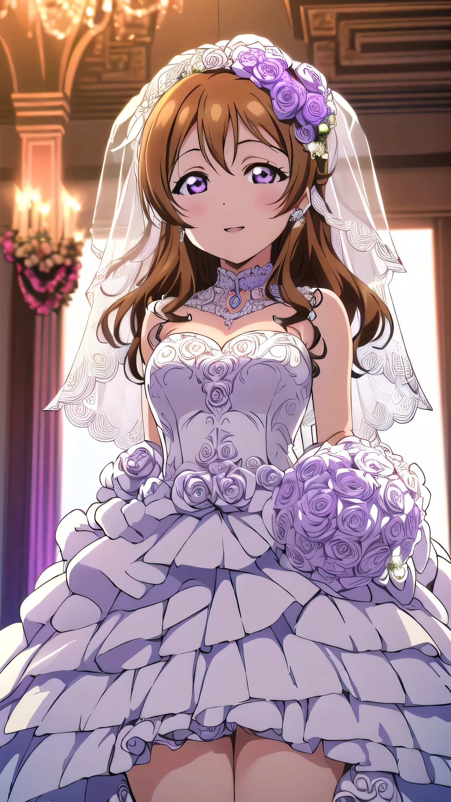 (hyper detailed, masterpiece, 8Khighres:1.2),1girl, (((love live! school idol project,love live!,konoe kanata,purple eyes,orange brown hair,medium long hair,wavy hair,splash curl hair, medium breasts))),((wedding dress,mini skirt:1.7)),(happy:1.1), standing, cowboy shot,, arms behind back