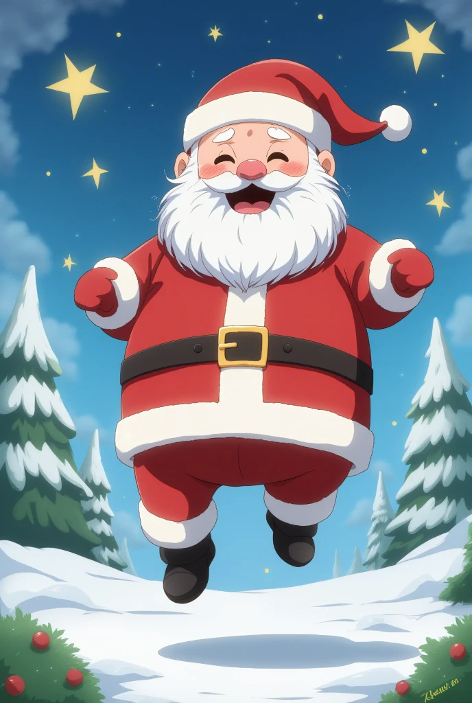 color trace,christmas,animated image, Santa Claus, excited, jumping up, surrounded by stars, cute style, soft colors, full body shot, natural light,