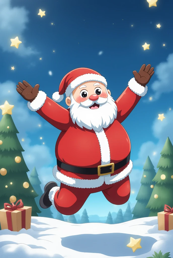 color trace,christmas,animated image, Santa Claus, excited, jumping up, surrounded by stars, cute style, soft colors, full body shot, natural light,