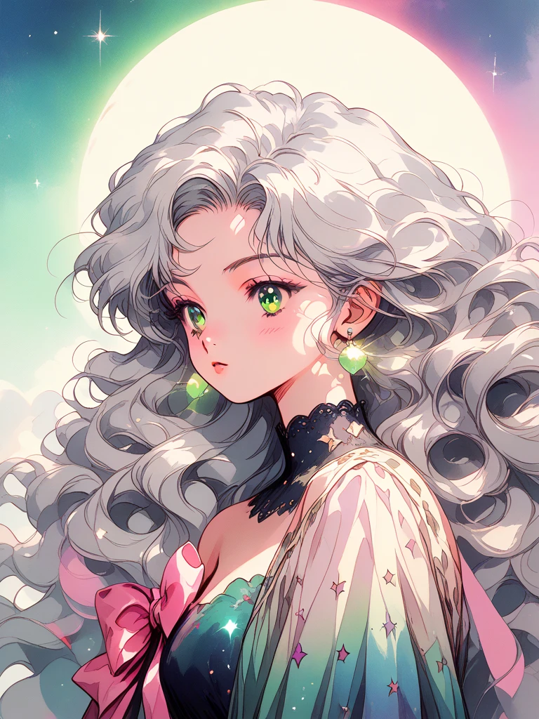 Japanese retro anime style of the 80s and 90s, aesthetic anime style, Ethereal cat girl, flowing white and black patterns dress, sparkly yellow-green eyes, long wavy silver hair, pastel rainbow gradient effects, soft dreamy atmosphere, detailed clothing folds, watercolor style, floating ribbons, gentle lighting, moonlight