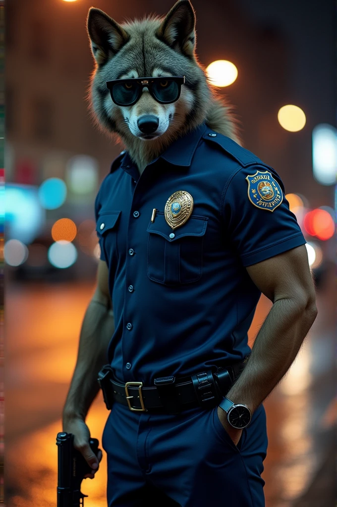 A werewolf police sergeant, dark blue short polo button down uniform, square police sunglasses, badge, police patch, police holster, dark blue trousers police uniform men, black suit shoes, holds his colt 1911 pistol, city background, vehicle, cars, traffics, night, town, a bunch of people, night, portraits
