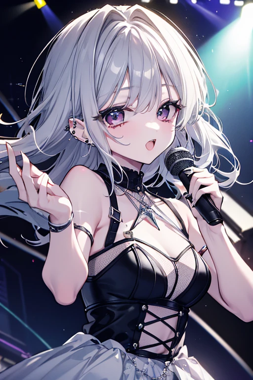 1 girl、Mature、Ample breasts、Long Hair、Blue Eyes、Light purple hair、Wavy Hair、Black Dress、Shoulder Bare、Belly button、Diva、Miniskirt、garter、Hold the microphone、sing、Live Stage、Spotlight、Starry Sky、Galaxy、High resolution、Highest quality