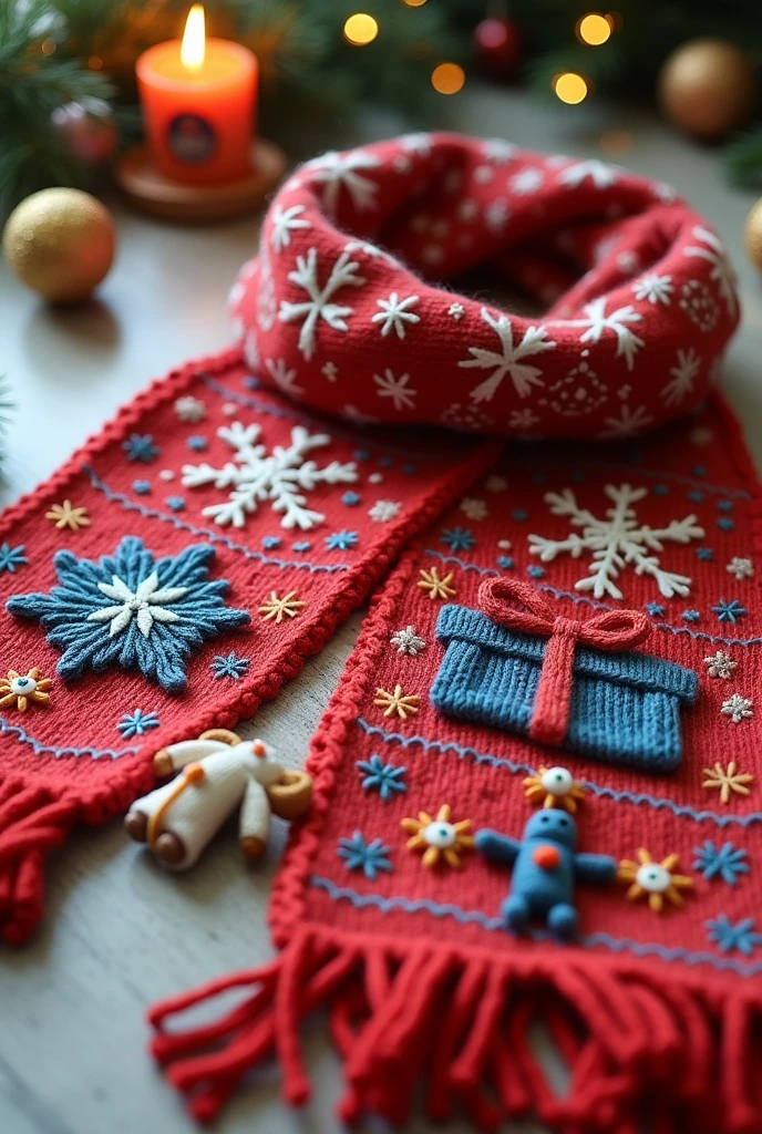 a beautiful scarf , bright colors Новогодняя тематика,  Snowflakes and New Year gifts are depicted on the scarf, Scarf Knitted handmade robots , very beautiful, bright colors, rich colors ,  Lies on the Table The picture is beautifully visible , 8 k,  masterpiece fails,  better quality ,  maximum quality ,  Maximum details ,  complex ,