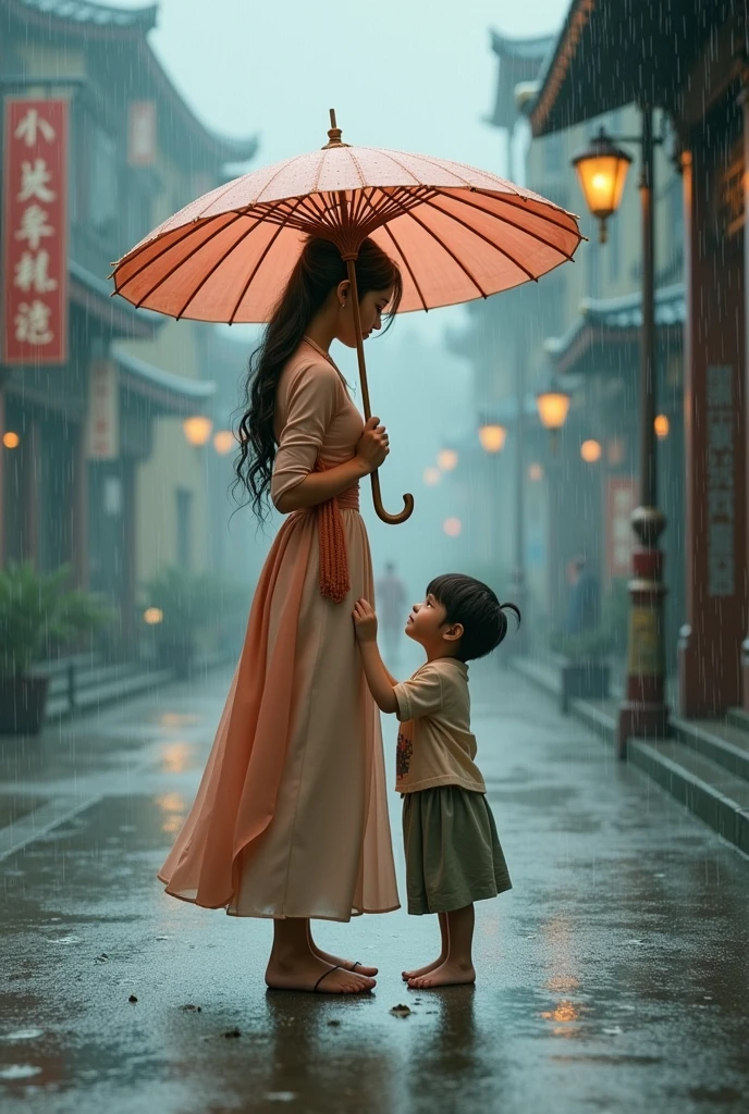 arge, attractive place. She is wearing a dress suitable for the rainy season. Beside her, there is a poor boy."