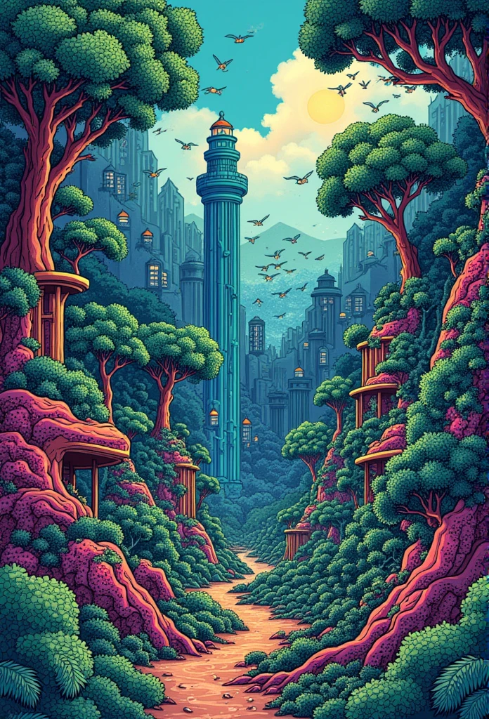 Hokusai ukiyo-e style ,  a vibrant microscopic landscape from another world ,  a beautiful and thick forest saturated with trees ,  some buildings stand out among the forest ,  saturation of plants and trees .  detailed patterns and textures make up the foliage and the contrasts between elements. (dynamic color)  Dynamic Style , y detailed 88k ) (hdr)