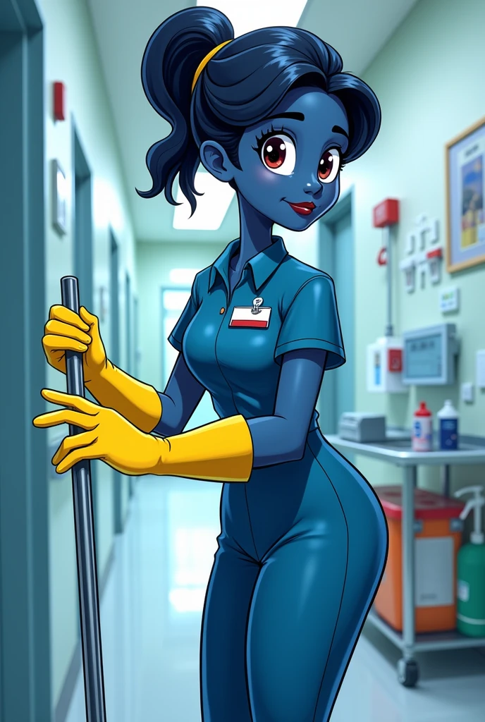 goblin girl, blue hair, very long hair, dark_ skin, dark skin goblin, very dark skin girl natural huge breasts, hair between eyes, twintails, chubby, chubby girl, chubby girl goblin, mole, mole on chest, age up, lips, big lips, thick eyebrows, body with fur, tusk, short girl, twintails, short girl, highly detailed, high quality, best quality, 8k, full body, fat, cute and sexy, nurse, hospital, boots, gloves, smile, big noise, pants