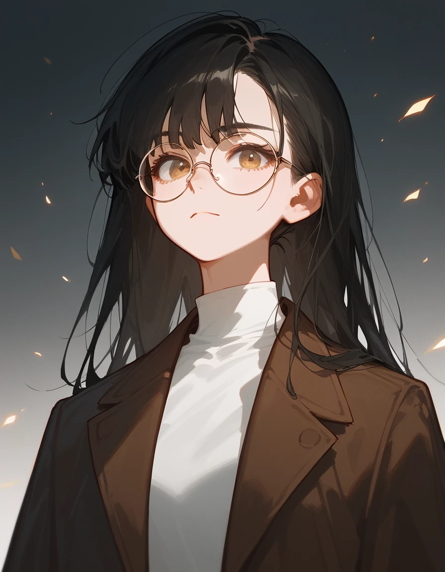 alone,girl,Black blonde hair,Bangs,Wear black round glasses,Long hair,Black hair ends, Brown Jacket ,In golden bronze eyes,Black hair ends,detective, White Shirt, fiddling