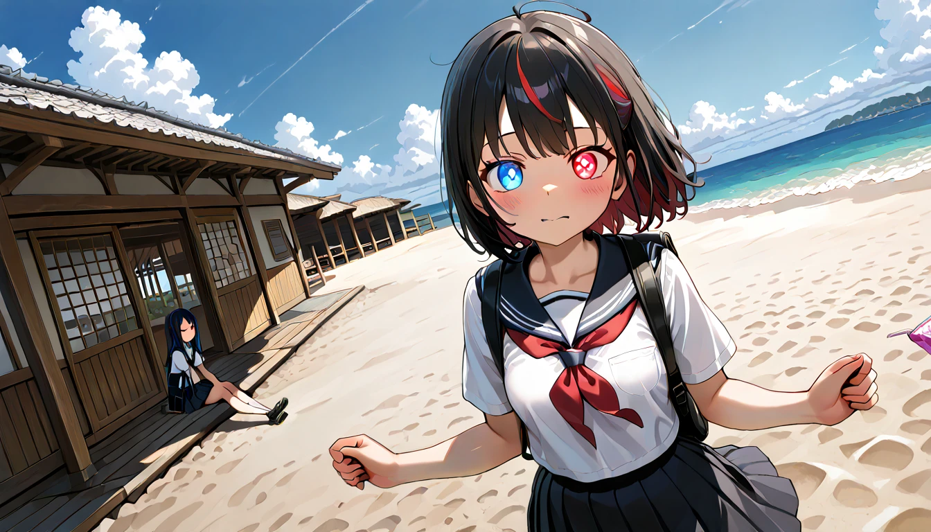 ((top quality)),((masterpiece)),((perfect face)),(ultra-detailed),ultra high res, 8k, 2girls, streaked hair, glowing eyes, heterochromia, beach house, snacks, backpack, dynamic angle, school uniform, panoramic view,  anime style, exquisite, (very aesthetic:1.2), (absurdres:1.2), (detailed background),newest, perfect anatomy,