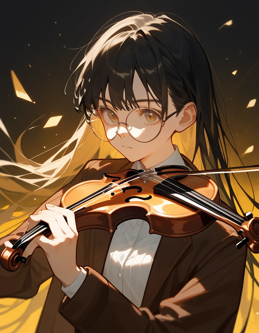 alone,girl,Black blonde hair,Bangs,Wear black round glasses,Long hair,Black hair ends, Brown Jacket ,In golden bronze eyes,Black hair ends,detective, White Shirt, fiddling, holding violin 