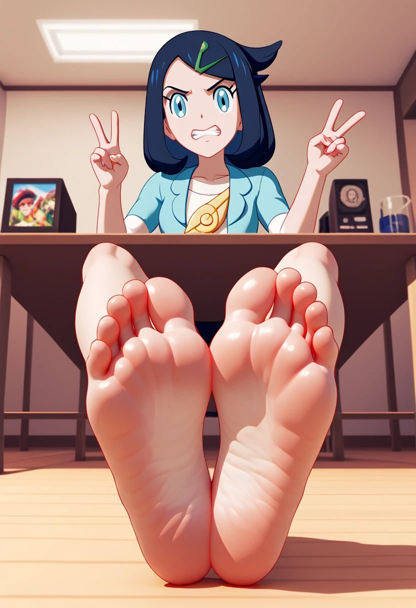 score_9,score_8_up,score_7_up,score_6_up,score_5_up, Solitary,Looking at the audience, indoors,barefoot,Foot Focus,hypno feet, the girl is getting by me with to make her show me her soles of feet, forced,foot fetish, sole fetish, submissive, foot focus, sole, no shoes, dry feet, 3D rendering style, expressive and frustrated, dynamic, each foot has only 5 toes, I hold which moves like a the girl against her will, I force the girl to let me worship her soles, the girl's Body moves against her will, the girl's body obeys me against her will, from left to right, the girl must look , perfect feet, yellow soles, immaculate soles, lineless art but clear distinction between body parts, POV, I hold forced to show peace signs with both hands, high arched feet, I can't be seen in the view, there is only one, the girl is liko (pokemon horizons: the series),soles,feet