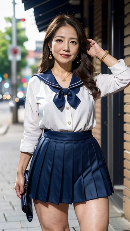 full body shot, from below,  Japanese woman with a viewing angle of, Wife, (78 years old:1.6),  detailed face , Facial wrinkles, Wrinkles around the eyes, smile,  detailed skin texture,  white skin,  heavy makeup ,  long hair, (curvy body, saggy breasts), (earrings,  necklace, school uniform, sailor uniform, sailor collar, sailor collar ribbon,  navy blue pleated mini skirt:1.2), ( wearing high heels:1.2), (Standing on the sidewalk,  photograph the whole body from toe to head:1.2), (surrealism, best quality, ultra detailed, absolutely resolution, 8k, anatomically correct), depth of field, looking at viewer, tachi-e, (gal.safetensors), (bimajo ), full body,  detailed face 