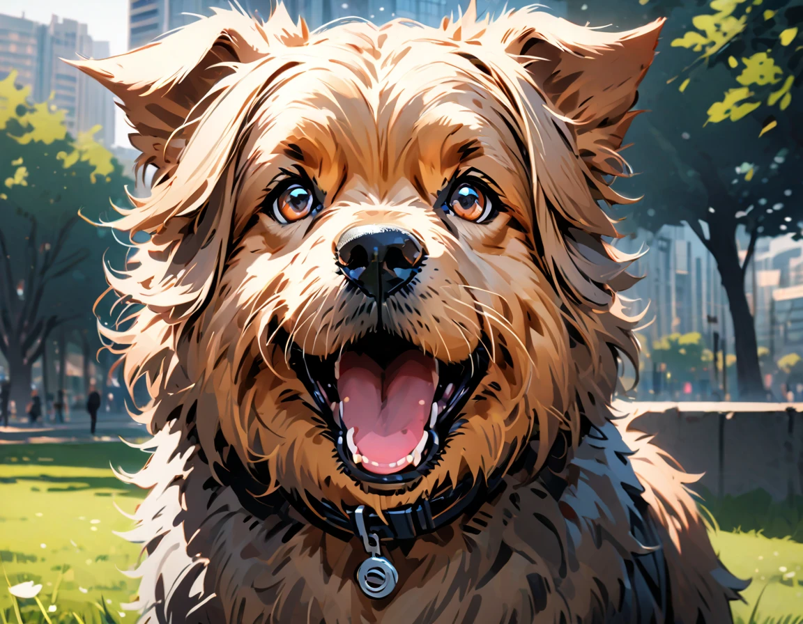 (graphic novel style, dark novel style, 2d:1.5),(anime), (masterpiece:1.4), (colourful, soft cinematic light:1.1), incredibly lifelike, Extremely high-resolution details, 8k, best quality,extremely detailed, contrast, close up macro (((brown))) Yorkshire Terrier ((dog)) with open mouth,portrait small happy (((dog))) Yorkshire Terrier, city park, park against the backdrop of skyscrapers, grass, park, day,