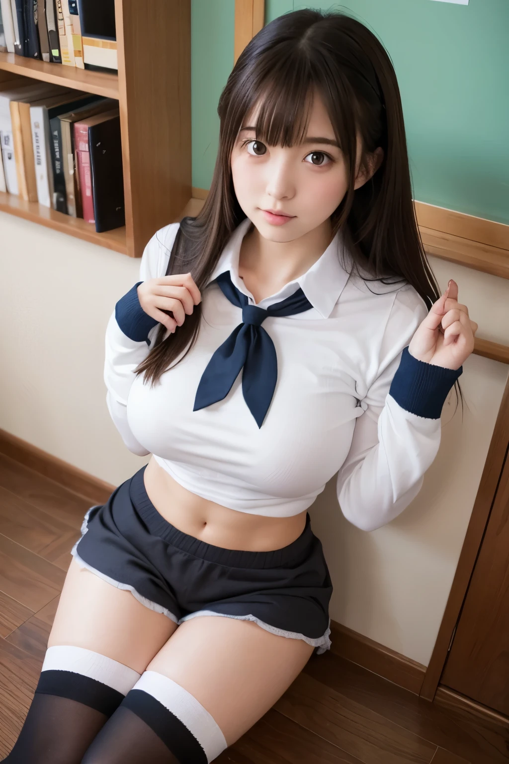 Kujikawa Def,Twin tails,school uniform,Seraph of the Black,Long sleeve,skirt,Knee socks,jewelry,Earrings,Straddle,
Highest quality, Very detailed, masterpiece, Absurd,8k, photoRealistic, Realistic,Detailed skin texture,Detailed pupil,High resolution,Natural light,
One girl,alone,(Happy:1.1),(smile:1.2),short hair,Brown Hair,(Angular face:1.2),Shining Face,Large Breasts, Tight waist, Lip Makeup,Wet shirt,Spread your legs,(I can see her panties:1.5)Bra is visible,(??????:1.5)
