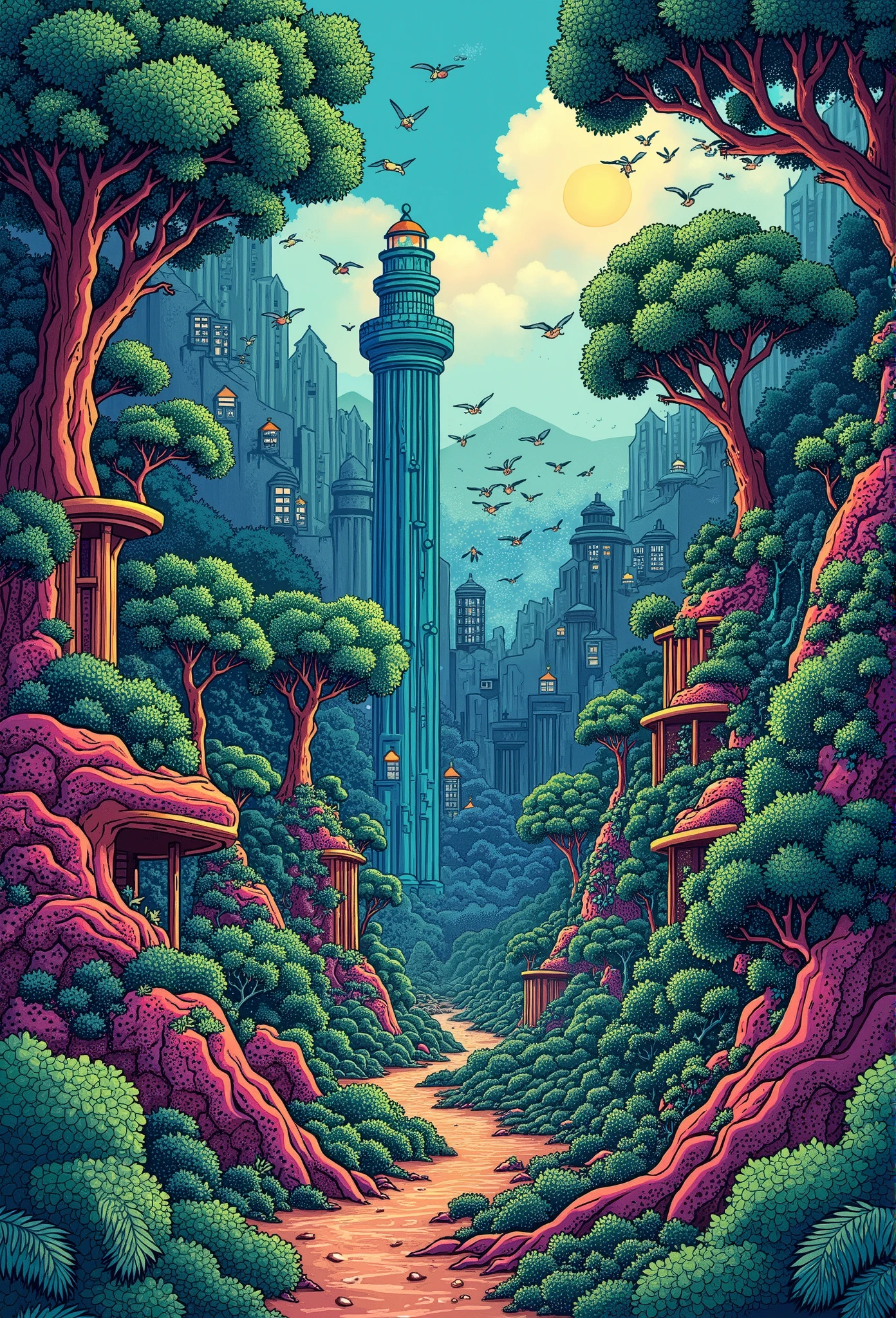 Hokusai ukiyo-e style ,  a vibrant microscopic landscape from another world ,  a beautiful and thick forest saturated with trees ,  some buildings stand out among the forest ,  saturation of plants and trees .  detailed patterns and textures make up the foliage and the contrasts between elements. (dynamic color)  Dynamic Style , y detailed 88k ) (hdr)