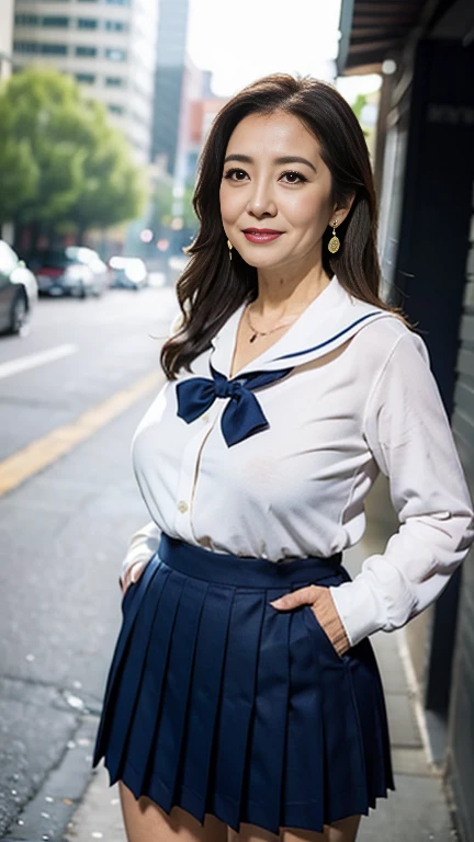 full body shot, from below,  Japanese woman with a viewing angle of, Wife, (78 years old:1.6),  detailed face , Facial wrinkles, Wrinkles around the eyes, smile,  detailed skin texture,  white skin,  heavy makeup ,  long hair, (curvy body, saggy breasts), (earrings,  necklace, school uniform, sailor uniform, sailor collar, sailor collar ribbon,  navy blue pleated mini skirt:1.2), ( wearing high heels:1.2), (Standing on the sidewalk,  photograph the whole body from toe to head:1.2), (surrealism, best quality, ultra detailed, absolutely resolution, 8k, anatomically correct), depth of field, looking at viewer, tachi-e, (gal.safetensors), (bimajo ), full body,  detailed face , model posing