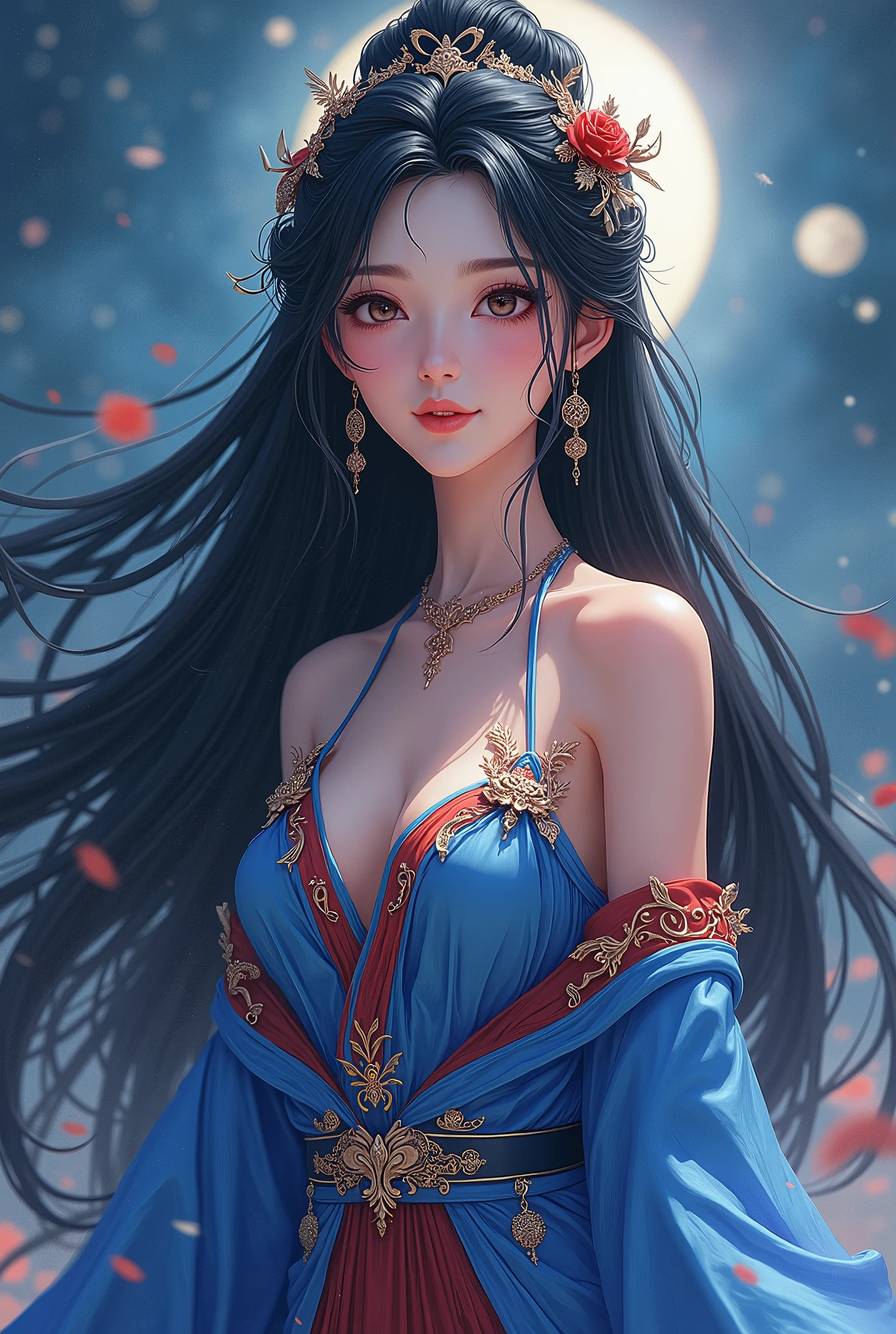  beautiful女性,  long black hair, The greatest goddess, whole body, Beautiful,  beautiful,  space facing directly opposite each other, earrings, Non-off-shoulder , Chinese style costume, blue red,  is facing here in real form,  high image quality,  Masterpiece, 8k high resolution,  anime style , 