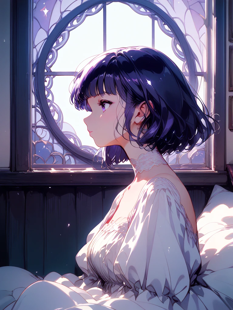 beautiful girl with short bangs and long black hime cut, white square neck lace dress, sitting on bed, gazing at moonlight window, soft purple moonlight, dreamy atmosphere, detailed window frame, cozy bedroom setting, side profile view, facing window