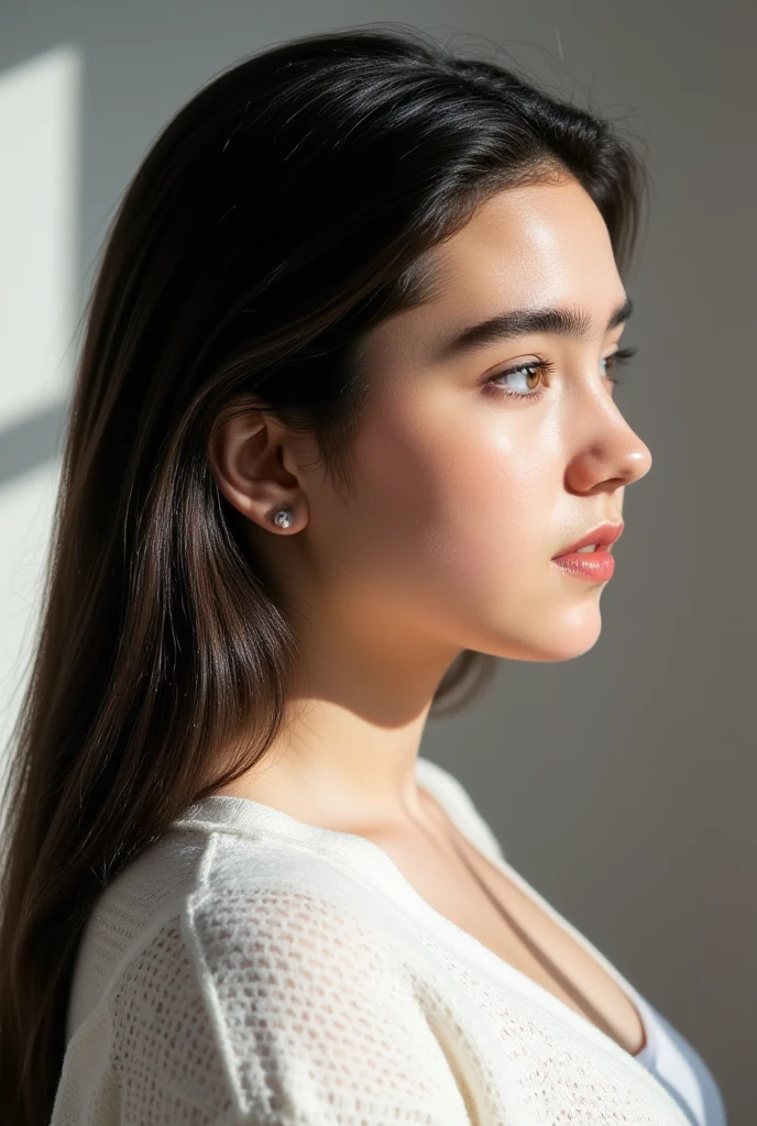 side view, a very lovely girl with long black hair, at age 15, she wears a white knit.,  no make up, the whiteness of her skin is accentuated., She in a bright room., bright natural light is illuminating on her face., high definition ,  Ultra Fine,  Textured Skin , masterpiece, 