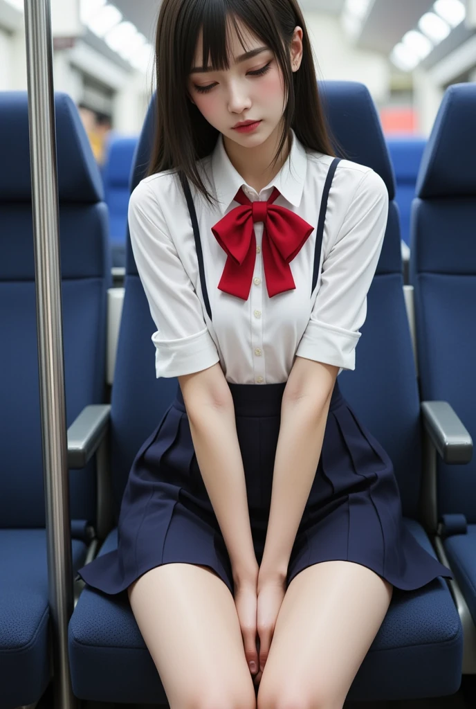 masterpiece, High resolution, Ultra High resolution, 4K, perfect hands,Black Hair, Japanese Girls, Navy blue Uniform skirt, White shirt, red bow tie, Accentuate your thighs, White thighs, Soft thighs, Shiny thighs, Sitting on a train, Facing angle, Angle from below, Sitting on a train Seat, Sit in front, Zoom camera to hip joint, Put your feet on the train floor, whole body, Looking down and sleepy, Watch only viewers, Highest quality, Ultra High resolution, Realistic, High resolution, detailed, RAW Photos, sharp, Nikon Film Pictures, Images and Stock Photos, Rich lens color, Ultra-realistic and realistic texture, Dramatic lighting, Unreal Engine, barefoot