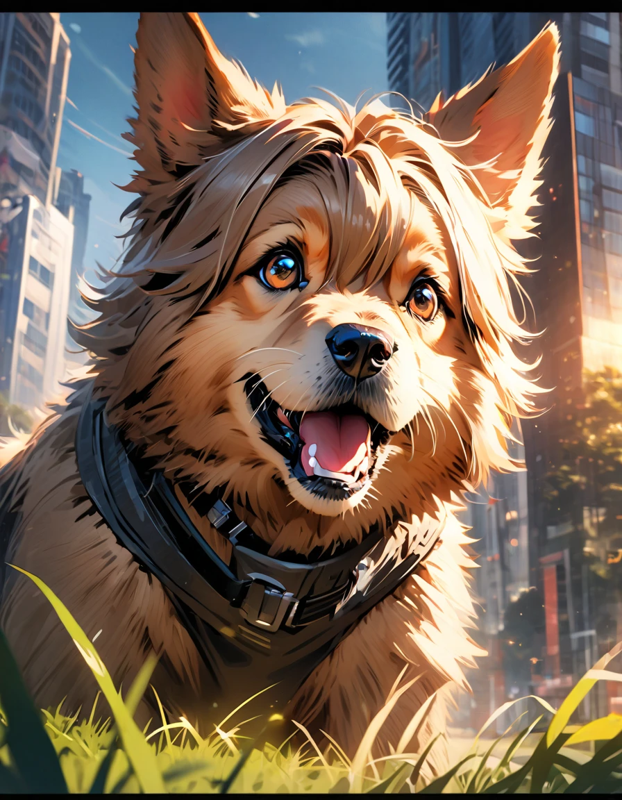 (graphic novel style, dark novel style, 2d:1.5),(anime), (masterpiece:1.4), (colourful, soft cinematic light:1.1), incredibly lifelike, Extremely high-resolution details, 8k, best quality,extremely detailed, contrast, close up macro (((brown))) Yorkshire Terrier ((dog)) with open mouth,portrait small happy (((dog))) Yorkshire Terrier, city park, park against the backdrop of skyscrapers, grass, park, day,