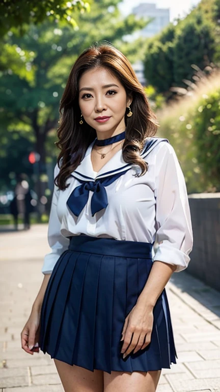 full body shot, from below,  Japanese woman with a viewing angle of, Wife, (78 years old:1.6),  detailed face , Facial wrinkles, Wrinkles around the eyes, smile,  detailed skin texture,  white skin,  heavy makeup ,  long hair, (curvy body, saggy breasts), (earrings,  necklace, school uniform, sailor uniform, sailor collar, sailor collar ribbon,  navy blue pleated mini skirt:1.2), ( wearing high heels:1.2), ( standing in the park,  photograph the whole body from toe to head:1.2), (surrealism, best quality, ultra detailed, absolutely resolution, 8k, anatomically correct), depth of field, looking at viewer, tachi-e, (gal.safetensors), (bimajo ), full body,  detailed face , model posing