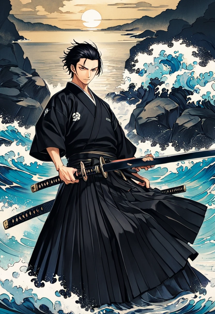 A samurai wearing black hakama and holding a Japanese sword,Ryoma Sakamoto,The background is the sea