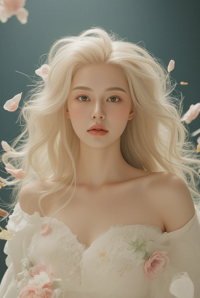 (White background:1.2)，springtime，(no light:1.1)，(seductiv:1.2)，ellegance，long whitr hair:1.1)，(Blushlush:0.7)，Floating hair，Deep sky，As estrelas，(Floral dress:1.1)，Shiny low diagonal tail，(Multi-colored peony:1.15)、decorations、petals(lacepantyhose:1.1)、ribbons，4K