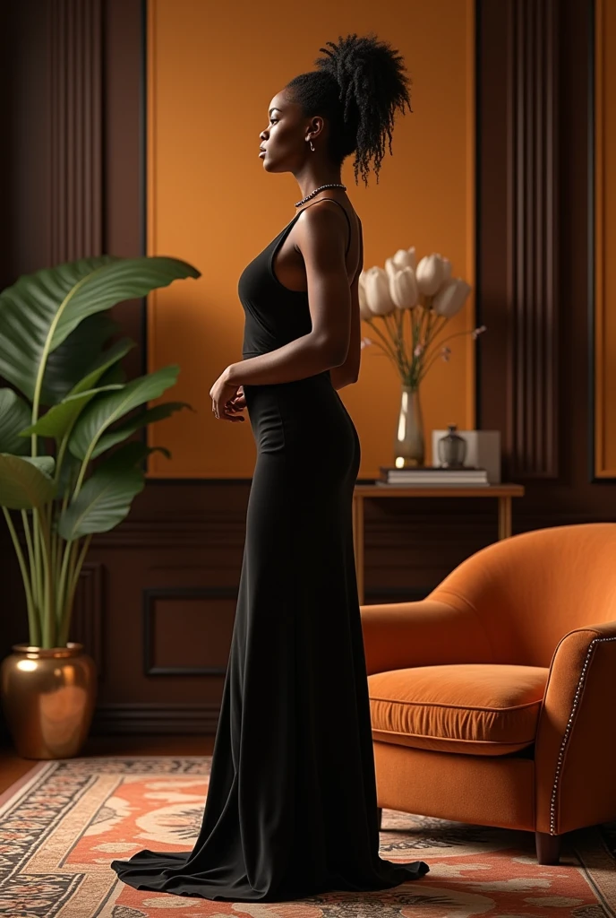 Outline of tall slim dark skinned elegant
black lady with really short dreads lady pottering about her living room.