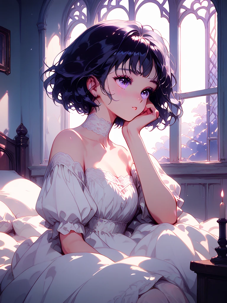 beautiful girl with short bangs and long black hair, white square neck lace dress, sitting on bed, gazing at moonlight window, soft purple moonlight, dreamy atmosphere, detailed window frame, cozy bedroom setting