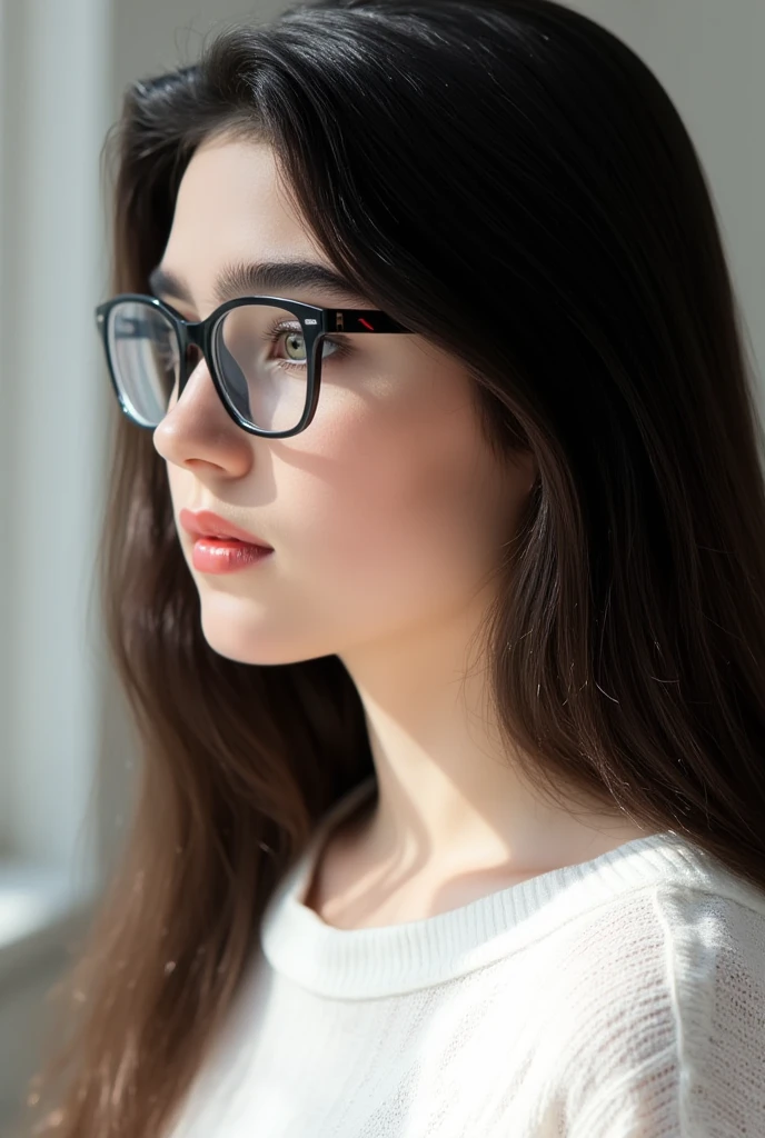 side view, a very lovely girl with long black hair, at age 15, she wears glasses., she wears a white knit.,  no make up, the whiteness of her skin is accentuated., She in a bright room., bright natural light is illuminating on her face., high definition ,  Ultra Fine,  Textured Skin , masterpiece, 