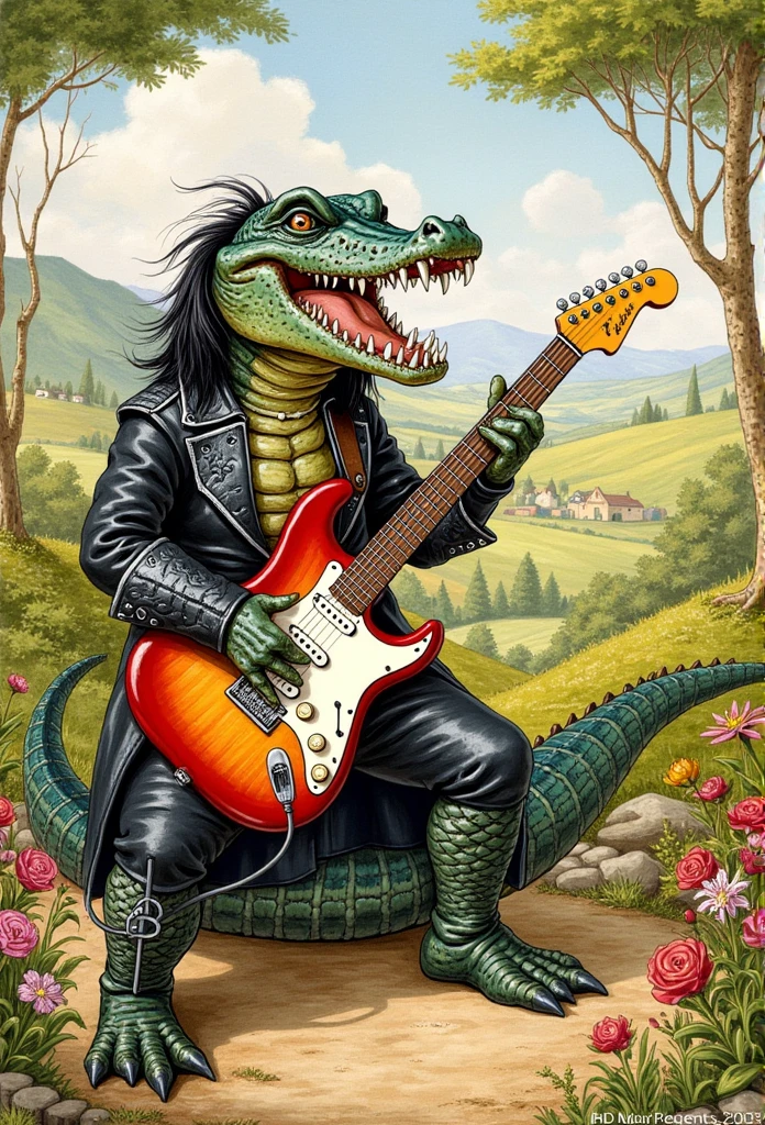 By the artist Beatrix Potter with A Crocodile dressed as a member of the band "kiss",  playing electric guitar .