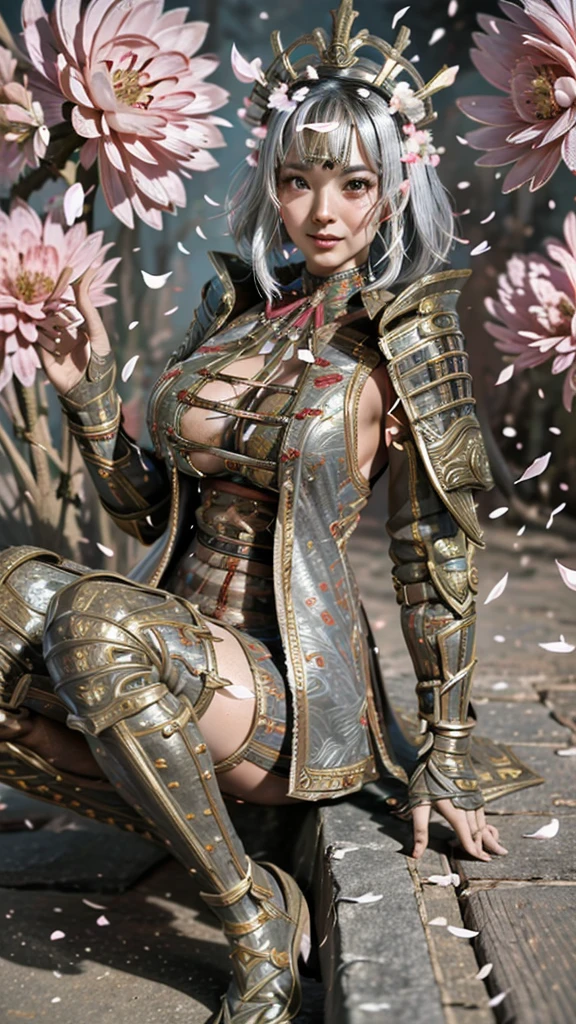  A young Japanese woman , warrior, Combat Stance, wielding a sword,  very detailedな, realisti,seductive smile,  Brilliant Appearance , NFSW:1.3, Sitting with Knees Up , spread legs, Creative Action,  extremely detailed, Imaginative,  sensual,  Spontaneous ,  top quality,  skin texture, (bob cut), (silver hair,) (aqua eyes),  toned body, huge breasts,(big breasts:1.5), Big Breasts, (sideboob),  plump thighs,  The white armor with peony flower pattern engraved on it is bikini type and is designed to emphasize chest exposure, (side boob),  wear a black cloak with a peony flower pattern , garter skirt, White shin guard with peony flower engraved on it , White high-leg underwear ,  Black tights,   absolute domain,  Intricate Details  , historic European village at sunset,  cinematic lighting,  Dramatic lighting, )(White peonies in full bloom ),( Large white peonies in full bloom are blooming on the front), confetti,   RAW photos , 8k, masterpiece,   top quality, ultra detailed , very detailed,  Intricate Details  , high definition ,超 Intricate Details , very detailed 8k cg wallpaper,