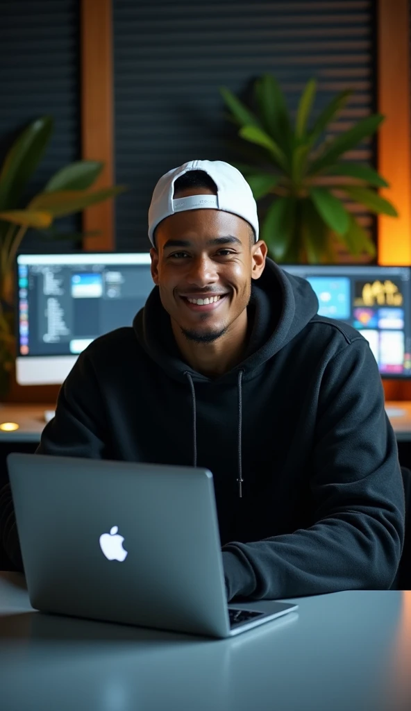 A young Nigerian guy with low shaved head,  seated, portrait headshot pose with face, shoulders and chest centred as he gazes into  the camera with a friendly facial expression, at a grey desk with la apple laptop, in a studio setting with 3 point lighting. He is dressed in a thick dark hoodie and wear a white baseball cap backward. The background is out of focus, but includes dim lighting, computer screens, Greenery, and window blind. Night scene, dark night scenery 