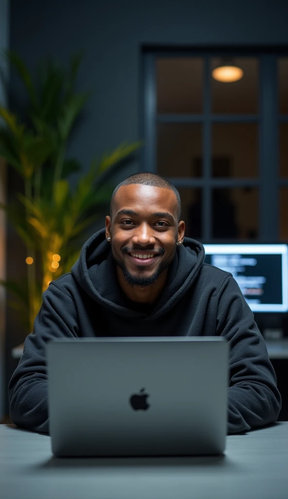 A young Nigerian guy with low shaved head,  seated, portrait headshot pose with face, shoulders and chest centred as he gazes into  the camera with a friendly facial expression, at a grey desk with la apple laptop, in a studio setting with 3 point lighting. He is dressed in a thick dark hoodie. The background is out of focus, but includes dim lighting, computer screens, Greenery, and window blind. Night scene, dark night scenery 