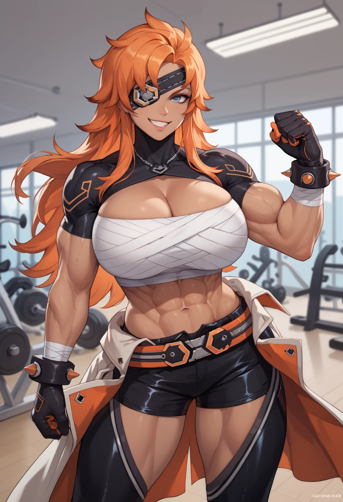 asher, 1girl, long hair, eyepatch, huge breasts, gloves, navel, orange hair, black gloves, muscular female, muscular, blue eyes, cleavage, tan-skinned female, short sleeves, bandaged breasts, leather shorts, coat around waist, biker chaps, cowboy shot, standing, dynamic pose, gym, smile,