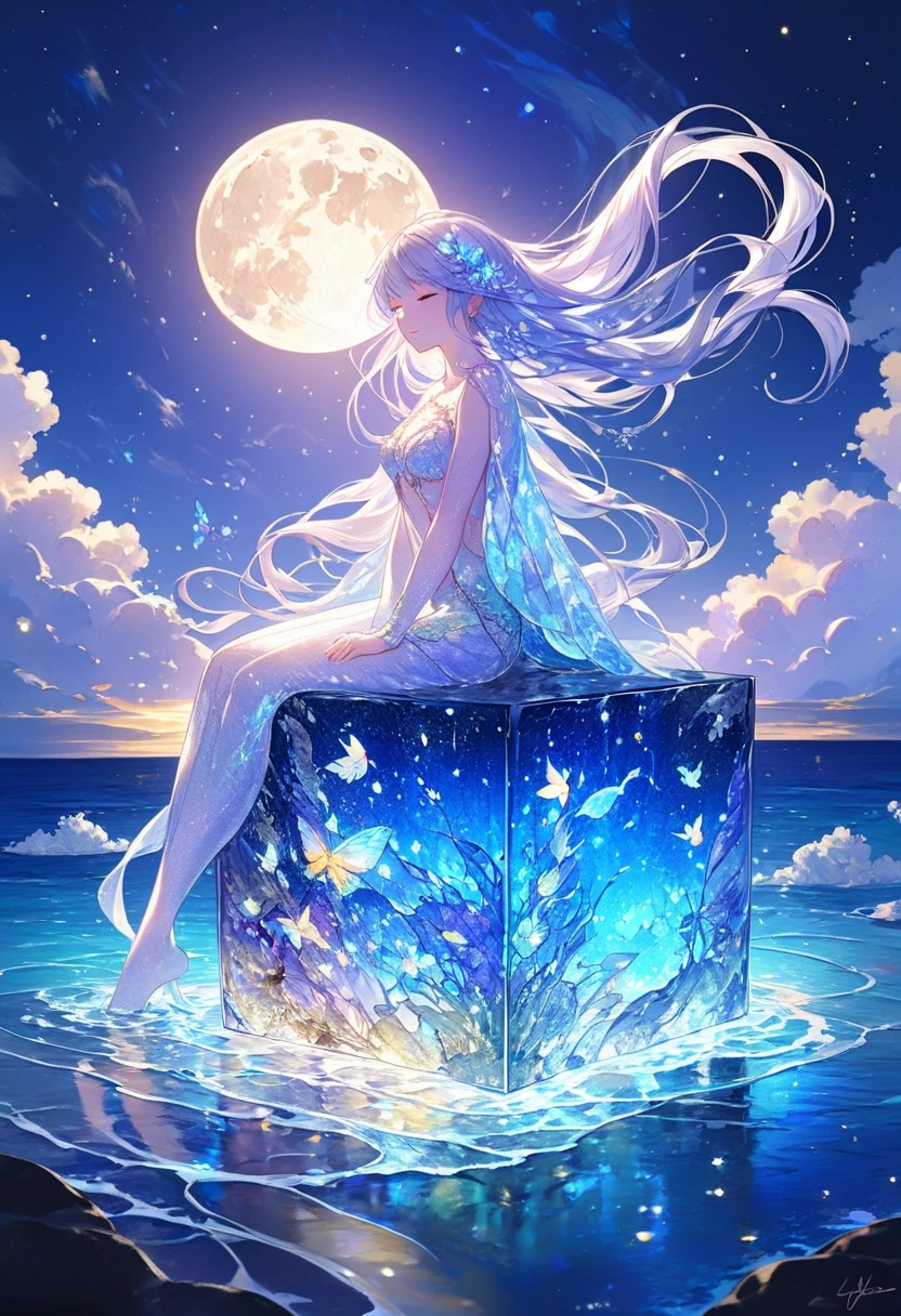 Hyper-realistic and intricately detailed epoxy resin cube nightlight with a magical scene encased inside. Inside the cube, a mermaid with shimmering iridescent scales and flowing hair is sitting gracefully on a smooth rock in the middle of a tranquil ocean. Above her, a glowing full moon casts silvery light, creating a radiant moonlit path on the water's surface. The ocean is calm and reflective, with faint, magical sparkles drifting in the air and soft waves lapping against the rock. The scene emits a soft, enchanting glow, with the moon and mermaid illuminated gently from within. The cube sits atop a wooden base, showcasing stunning reflections, depth, and clarity through the resin. A mix of realism and fantasy art, studio lighting, highly detailed textures, and magical ambiance