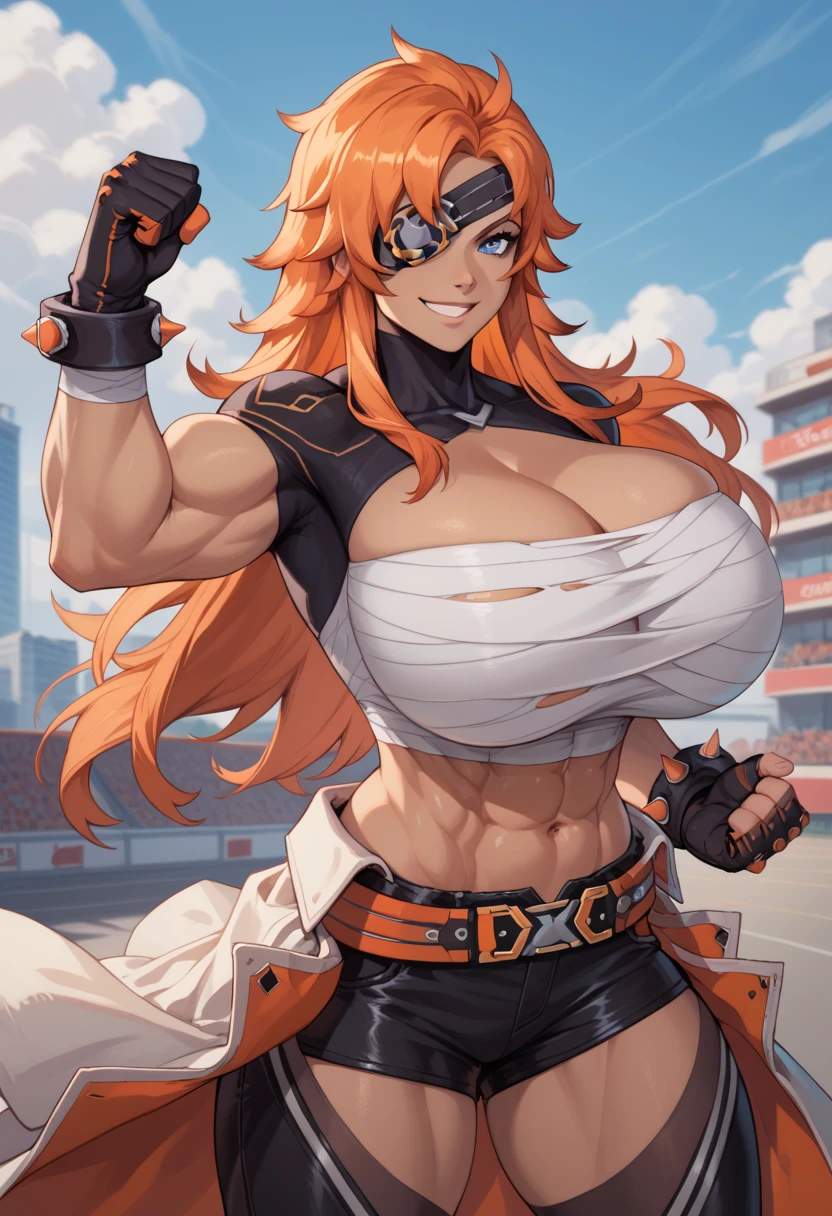 asher, 1girl, long hair, eyepatch, hyper breasts, gloves, navel, orange hair, black gloves, muscular female, muscular, blue eyes, cleavage, tan-skinned female, short sleeves, bandaged breasts, torn bandages, leather shorts, coat around waist, biker chaps, cowboy shot, standing, dynamic pose, gym, smile,