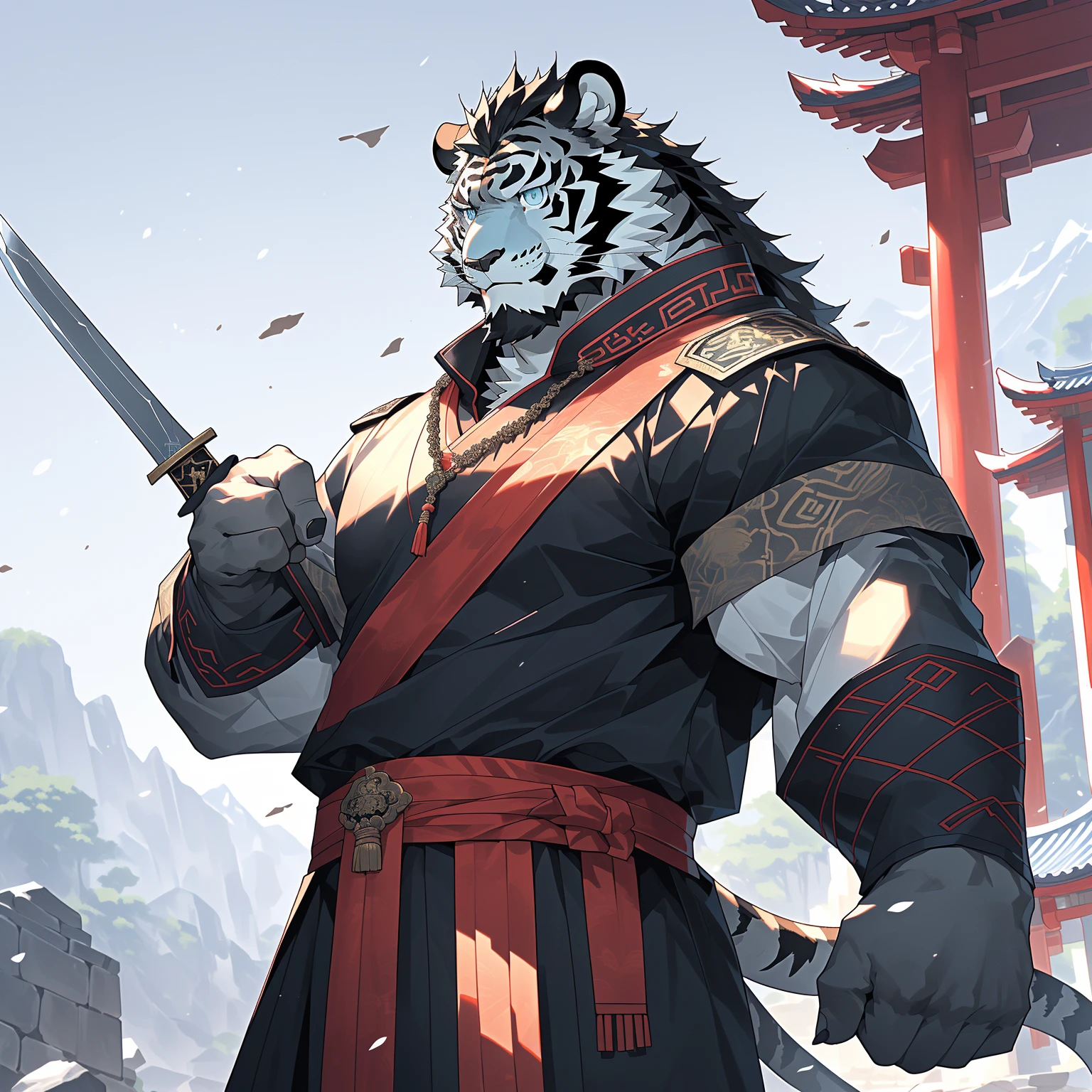 (黑色tiger),(黑色 Generally 战袍), Wearing heavy black beads on the chest, Strong Gesture ,Standing confidently and proudly ,(森林temple为背景:1.2.Great Wall),abdominal muscles,Hero Gesture 飒爽,完美的masterpiece, various facial details ,Long-term perspective,Specific description,masterpiece,CG,( light blue eyes ), Light Black Pattern ,Black Tails , Generally ,Hero Gesture ,tiger, black fur, specific facial details ,Half Body,(黑炭 Generally 战履),(Chang Ling),((middle aged)),(Face focus ),(16K), HD, Red and White Belly ,temple,beard,(Face line),Different students,(black shirt),( light black hair ),Strong,muscle,( high resolution:1.3), Chinese military general holding a long sword ， gazing into the distance ，temple和尚，Wearing black beads 