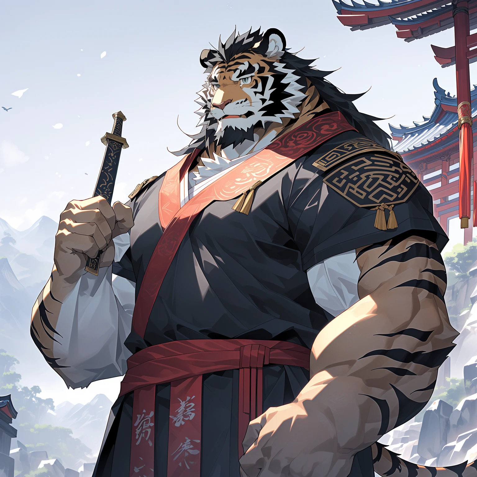 (黑色tiger),(黑色 Generally 战袍), Wearing heavy black beads on the chest, Strong Gesture ,Standing confidently and proudly ,(森林temple为背景:1.2.Great Wall),abdominal muscles,Hero Gesture 飒爽,完美的masterpiece, various facial details ,Long-term perspective,Specific description,masterpiece,CG,( light blue eyes ), Light Black Pattern ,Black Tails , Generally ,Hero Gesture ,tiger, black fur, specific facial details ,Half Body,(黑炭 Generally 战履),(Chang Ling),((middle aged)),(Face focus ),(16K), HD, Red and White Belly ,temple,beard,(Face line),Different students,(black shirt),( light black hair ),Strong,muscle,( high resolution:1.3), Chinese military general holding a long sword ， gazing into the distance ，temple和尚，Wearing black beads 