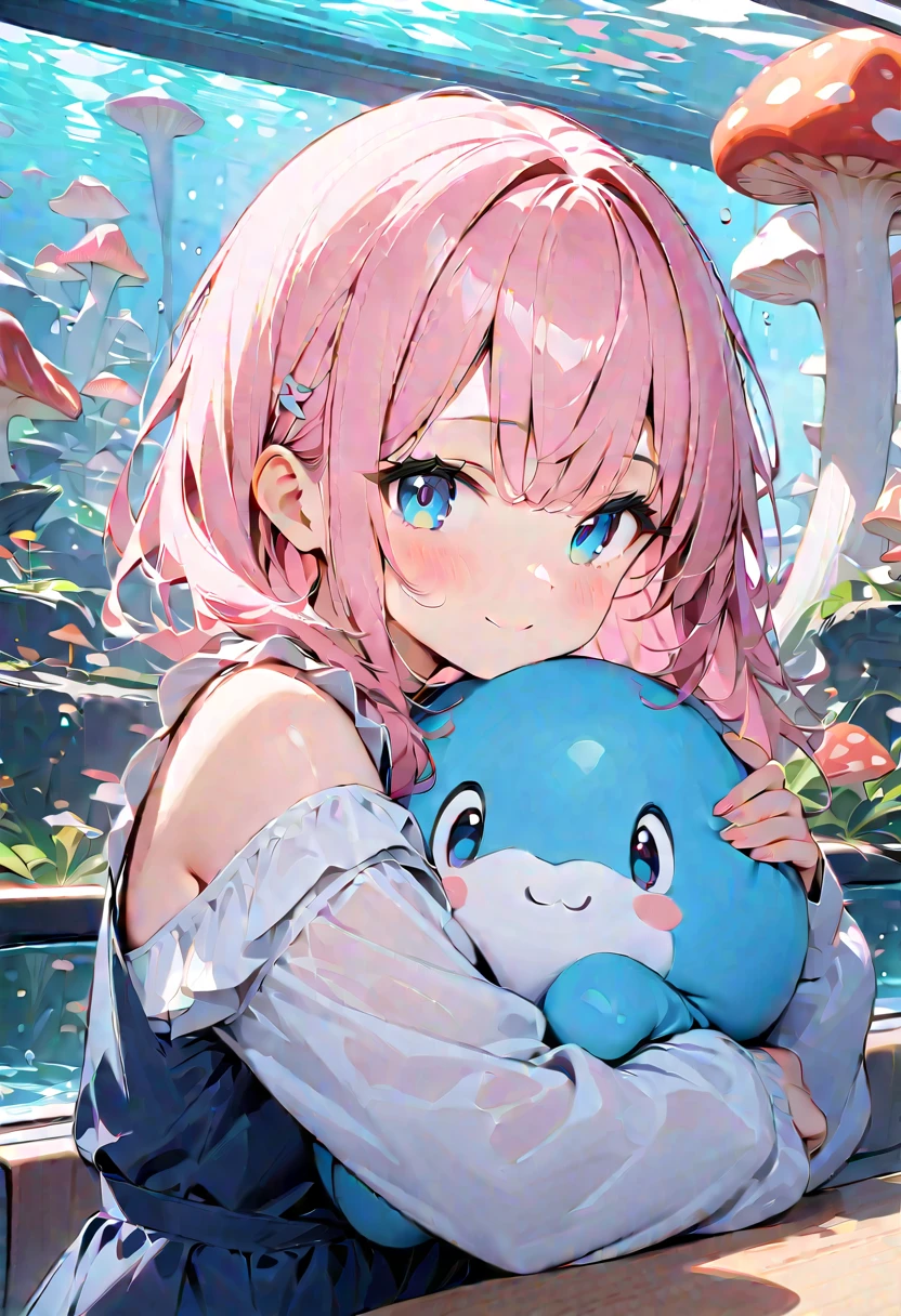 Cute anime girl with pink and cotton candy blue hair, hugging a jellyfish plush, wearing a blue bikini with big boobs