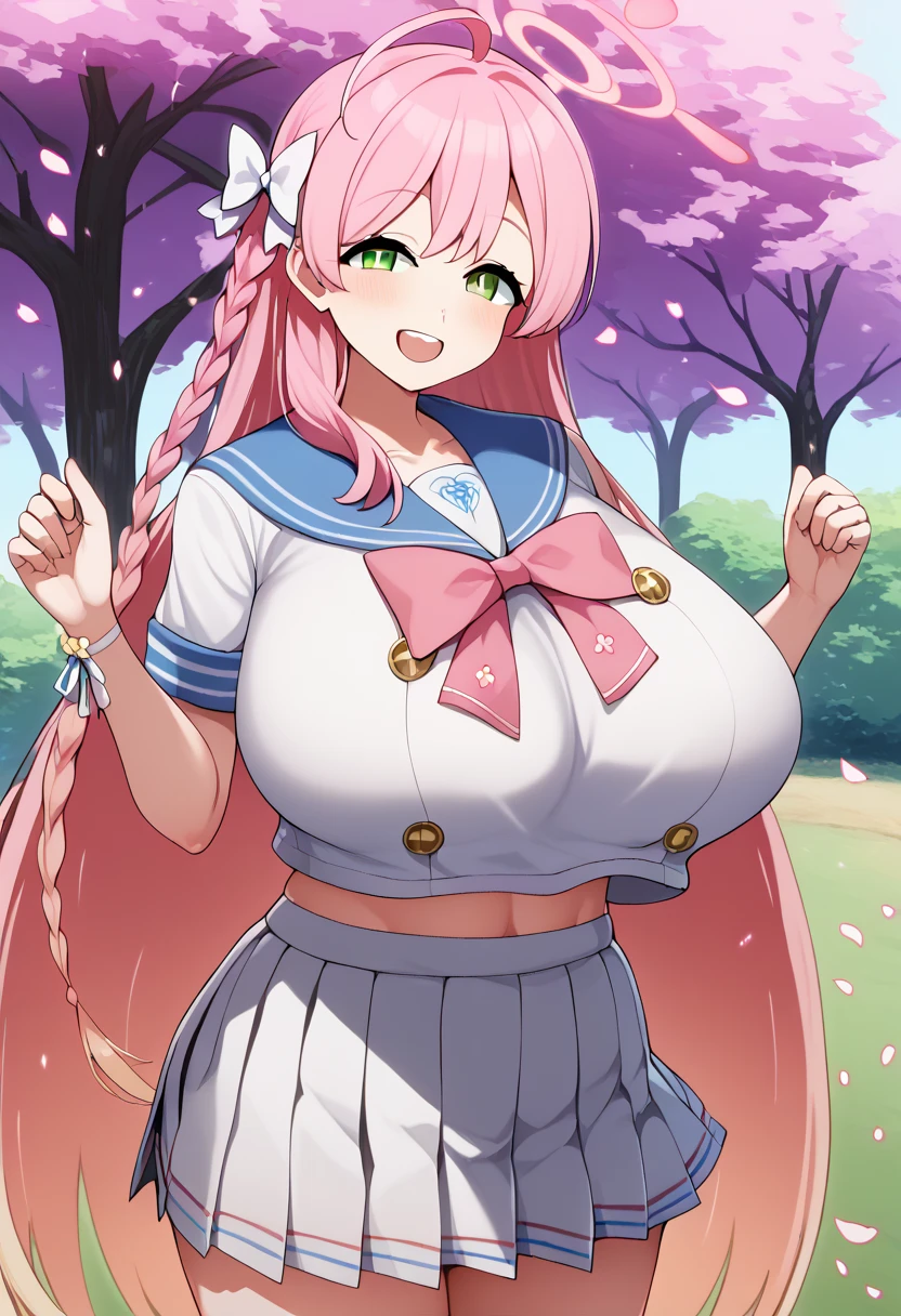 score_9, score_8_up, score_7_up, score_6_up, score_5_up, score_4_up,  source_Anime, Ahanako  ,  pink hair , halo, ,  single blade  ,  hair bow,  green eyes, Big Breasts,  school uniform,  blue sailor color,  pink ribbon,  sailor shirt,  white shirt, Short sleeve,  wristbands,  pleated skirt  , White Skirt, teeth、 big sexy silicone big  、My chest is different  ,  Cowboy Shot  , reach ,  outdoor, Park,  petals, smile,  open mouth,、 zzz c up , Exploding chest,特大の Big Breasts,Big Breasts, Big Breasts,超Big Breasts, supermilk ,big Breasts,big Breasts,Big Breasts,Big big breasts,bigger breasts,big,セクシーな大きなシリコンの Big Breasts,セクシーなビッグサイズのシリコン製Big Breasts, saggy breasts,((垂れ下がった Big Breasts)),((重く垂れた Big Breasts:1.5))、Obscene body,Fat ,,  Erotic Manga Style Body  、  mature body steam  、 Sir's huge  、 Sir's huge  、 Too exaggerated  、 extra large、 over covered ,  hidden chest erection  、  abs