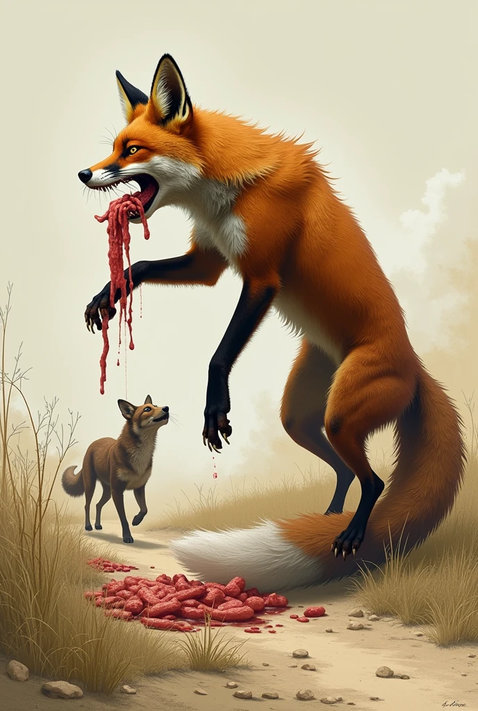 A muscular fox with a look of hatred tearing apart a chicken on a dead plate