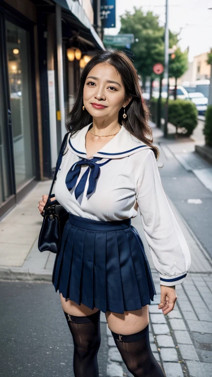 full body shot, from below,  Japanese woman with a viewing angle of, Wife, (78 years old:1.6),  detailed face , Facial wrinkles, Wrinkles around the eyes, smile,  detailed skin texture,  white skin,  heavy makeup ,  long hair, (curvy body, saggy breasts), (earrings,  necklace, school uniform, sailor uniform, sailor collar, sailor collar ribbon,  navy blue pleated mini skirt:1.2), (black thighhighs,  wearing high heels:1.2), (Standing on the sidewalk,  photograph the whole body from toe to head:1.2), (surrealism, best quality, ultra detailed, absolutely resolution, 8k, anatomically correct), depth of field, looking at viewer, tachi-e, (gal.safetensors), (bimajo ), full body