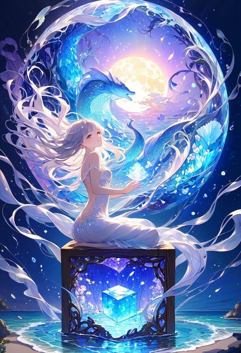 Hyper-realistic and intricately detailed epoxy resin cube nightlight with a magical scene encased inside. Inside the cube, a mermaid with shimmering iridescent scales and flowing hair is sitting gracefully on a smooth rock in the middle of a tranquil ocean. Above her, a glowing full moon casts silvery light, creating a radiant moonlit path on the water's surface. The ocean is calm and reflective, with faint, magical sparkles drifting in the air and soft waves lapping against the rock. The scene emits a soft, enchanting glow, with the moon and mermaid illuminated gently from within. The cube sits atop a wooden base, showcasing stunning reflections, depth, and clarity through the resin. A mix of realism and fantasy art, studio lighting, highly detailed textures, and magical ambiance