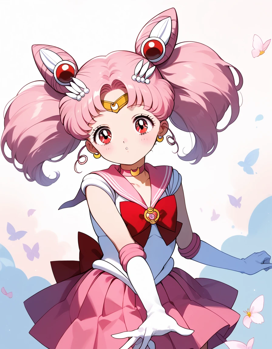 score_9, score_8_up, score_7_up, score_6_up, score_5_up, score_4_up, source_anime, flat chest,  aacusa, short hair, pink hair, cone hair bun, twintails, hairpin, circlet, earrings, red eyes, pink choker, pink sailor collar, red bowtie, white shirt, elbow gloves, white gloves, pleated skirt, pink skirt