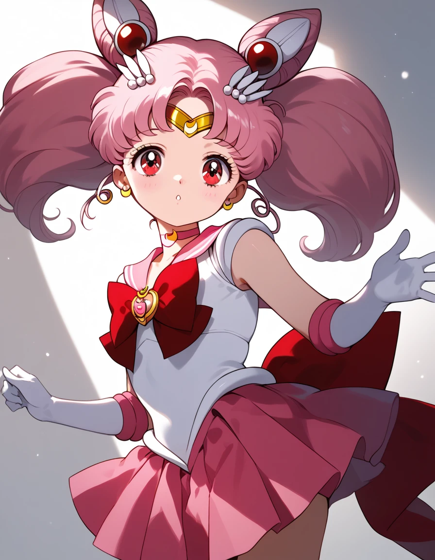 score_9, score_8_up, score_7_up, score_6_up, score_5_up, score_4_up, source_anime, flat chest,  aacusa, short hair, pink hair, cone hair bun, twintails, hairpin, circlet, earrings, red eyes, pink choker, pink sailor collar, red bowtie, white shirt, elbow gloves, white gloves, pleated skirt, pink skirt